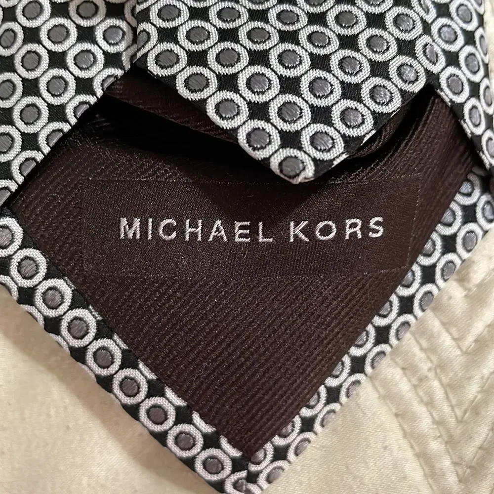 Michael‎ Kors black, white & silver gray circle design silk tie